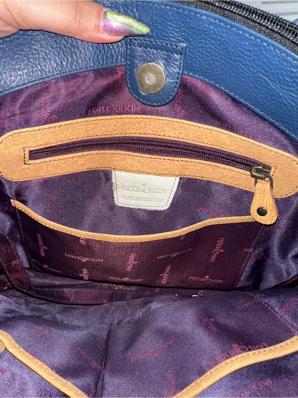 Anuschka Blue Floral Leather Shoulder Bag with Navy Straps - Picture 8 of 12